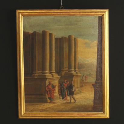 Pair of Landscape Paintings with Architectures and Figures 1700s