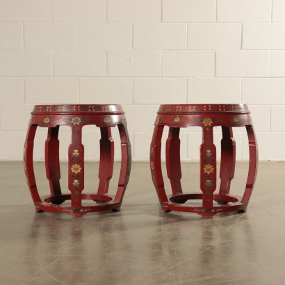 Pair of Chinoiserie Stools Laquered Wood 20th Century