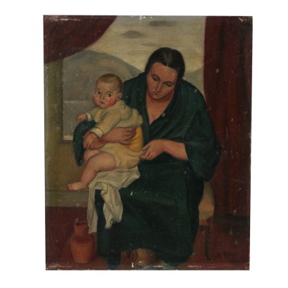 Vierge à l'enfant Huile sur Tablette Copie signée Tozzi 1924