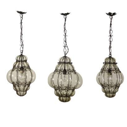 Set of Three Lanterns Iron Glass Italy 20th Century