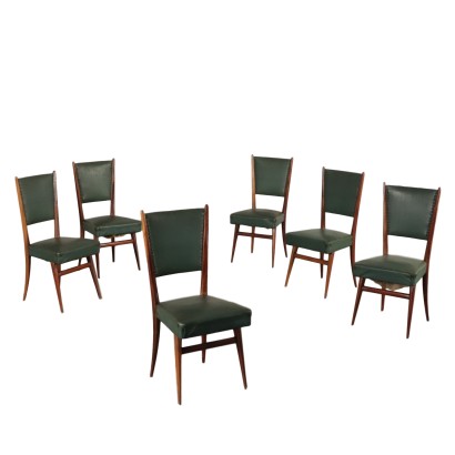 Six Chaises Hêtre teint Ressorts Cuir synthétique Italie Années 50-60