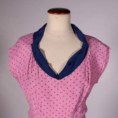 Robe Vintage Soie Rose à Pois Bleus Années 50