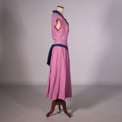 Robe Vintage Soie Rose à Pois Bleus Années 50