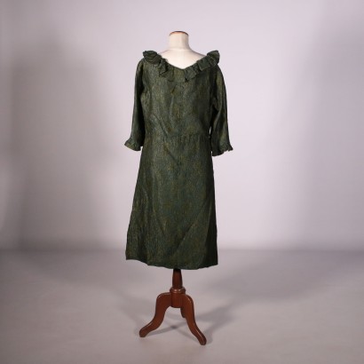 Day Dress Jacquard Iridescent Fabric Green and Gold 1950s-1960s