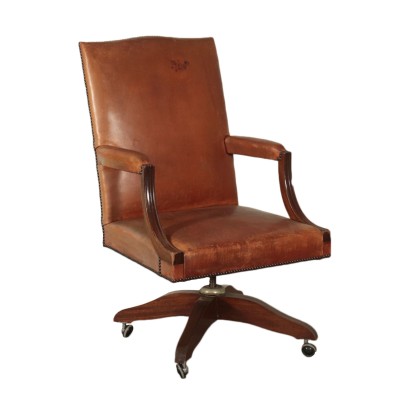 Swivel Chair Mahogany Leather Foam Padding Italy 20th Century