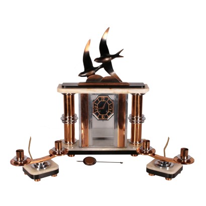 Table Clock With Art Decò Candlesticks 20th Century