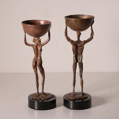 Paire de Bougeoirs Pujia Antonio Bronze Marbre Noir Argentin '900