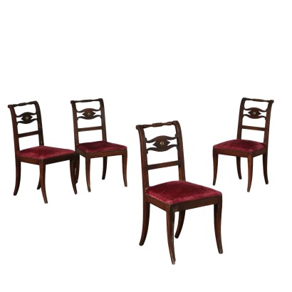 Group of Four Restoration Walnut Chairs Italy 19th Century