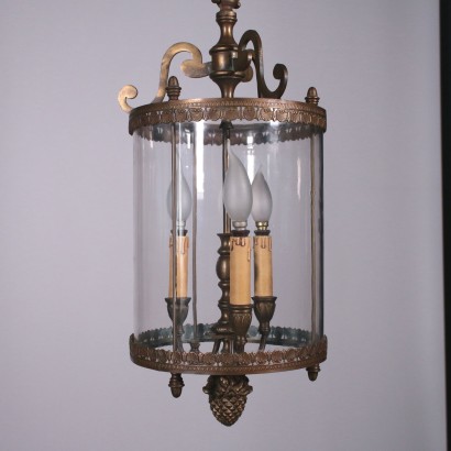 Lantern Chandelier Bronze and Glass 20th Century