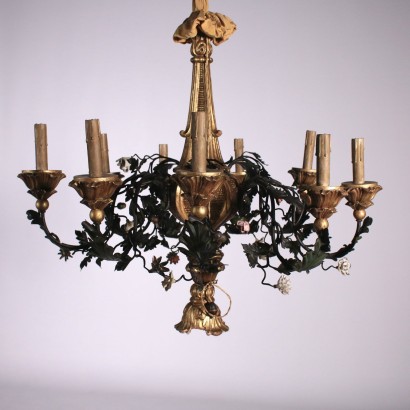 Lustre à neuf Bras Bois sculpté Fer forgé Tissu Italie Début '900