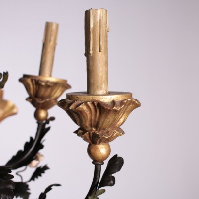 Lustre à neuf Bras Bois sculpté Fer forgé Tissu Italie Début '900