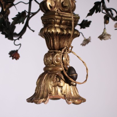 Lustre à neuf Bras Bois sculpté Fer forgé Tissu Italie Début '900