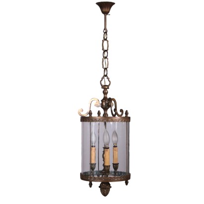 Lantern Chandelier Bronze and Glass 20th Century