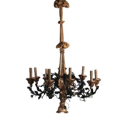 Lustre à neuf Bras Bois sculpté Fer forgé Tissu Italie Début '900