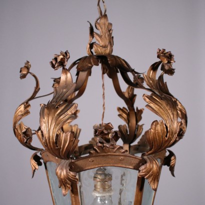 Lustre-Lanterne Fer doré Verre décoré Italie Première moitié '900