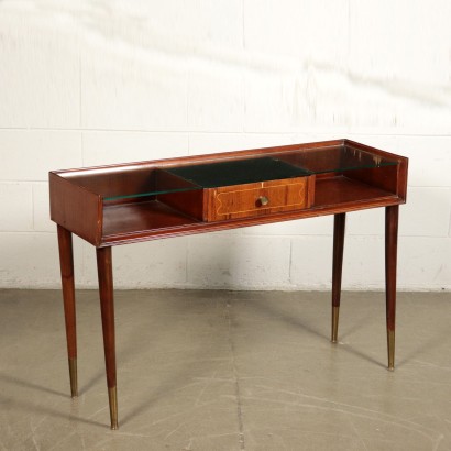 Dressing Table Mahogany Veneer, Brass, Glass Italy 1950s Mobili Cantù