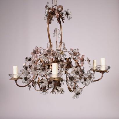 6 Arms Chandelier, Brass and Glass Italy 20th Century