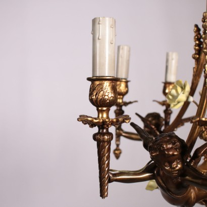 Chandelier with Putti, Bronze and Glass, Italy 20th Century