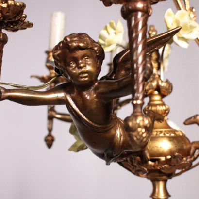 Chandelier with Putti, Bronze and Glass, Italy 20th Century