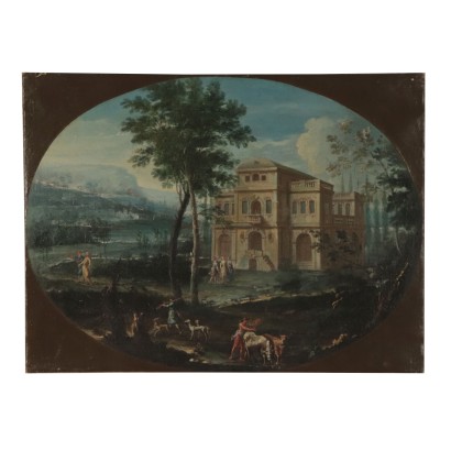 Landscape with Architecture and Figure, Oil on Canvas 18th Century