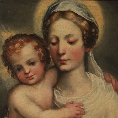 Virgin Mary with Baby, Oil on Canvas, Emilian School 17th Century