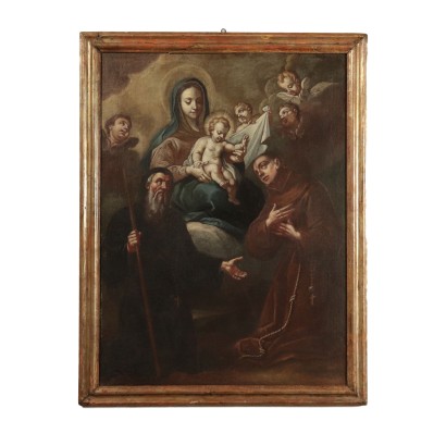 Madonna mit Kind auf dem thron zwischen den Heiligen Bonaventura und Antonius.