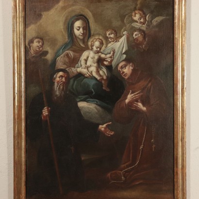 Madonna mit Kind auf dem thron zwischen den Heiligen Bonaventura und Antonius.