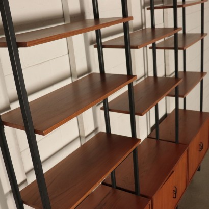 Bookcase, Teak Veneer Metal and Brass, Italy 1950s-1960s