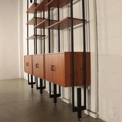 Bookcase, Teak Veneer Metal and Brass, Italy 1950s-1960s