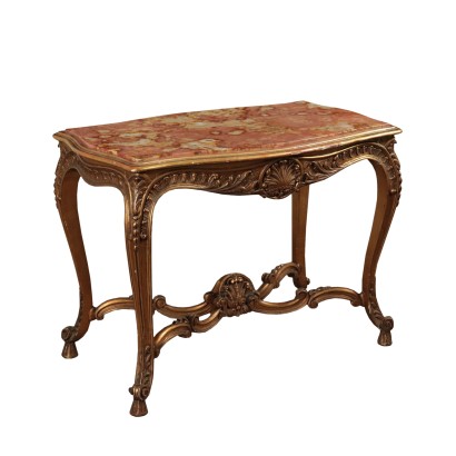 Small Center Table, Carved Wood and Marple, Italy 20th Century