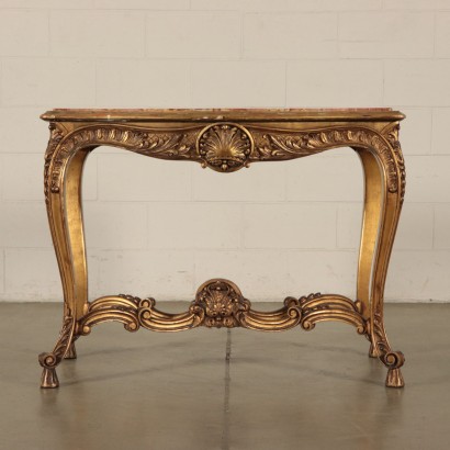 Small Center Table, Carved Wood and Marple, Italy 20th Century