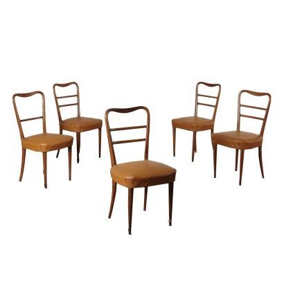 Groupe de cinq Chaises Hêtre Mousse Cuir Synthétique Années 50