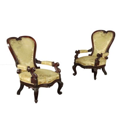 Pair of Luois Philippe Armchairs, Walnut, Naples, Italy 19th Century