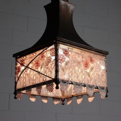 Lantern Chandelier, Shear Plate Brass and Galss, Italy 20th Century