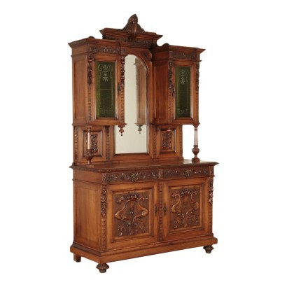 Neo-Renaissance Cupboard, Walnut Bronze and Glass, Italy 20th Cen