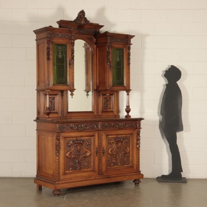 Neo-Renaissance Cupboard, Walnut Bronze and Glass, Italy 20th Cen