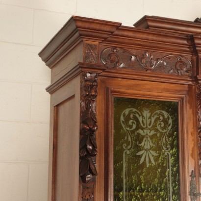 Neo-Renaissance Cupboard, Walnut Bronze and Glass, Italy 20th Cen