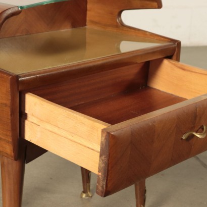 Bedside Table, Mahogany Veneer Glass and Brass, Italy 1950s