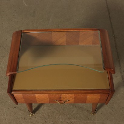 Bedside Table, Mahogany Veneer Glass and Brass, Italy 1950s