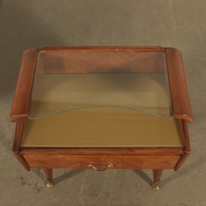 Bedside Table, Mahogany Veneer Glass and Brass, Italy 1950s