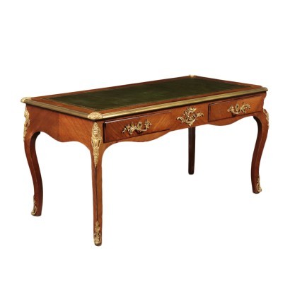 Louis XV Writing Desk, Walnut Veneer and Bronze, Italy 20th Century