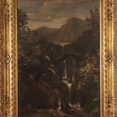 Paisaje con cascada y figuras