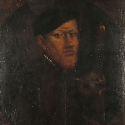 Portrait of a man with sword, Oil on Board, Lombard School 1500