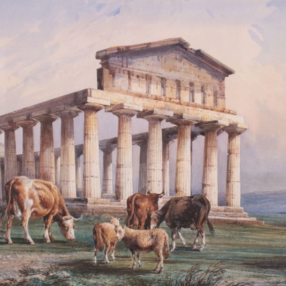 arte, arte italiana, pittura ottocento italiana,Consalvo Carelli,Scorcio di Paestum con gregge,Consalvo Carelli