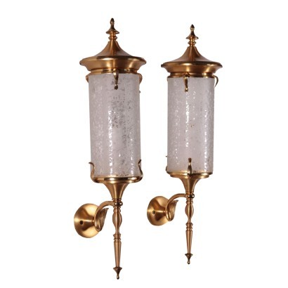 Pair Of Sconces Brass Decorated Glass Italy 1950s