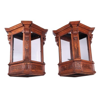 Pair of Lombard Lanterns, Walnut and Glass, Italy 17th Century