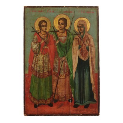 Russian Icon With Virgin And Two Saints Tempera On Panel Russia '800