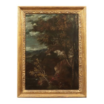 Landscape with Figure Oil on Canvas Center of Italy 17th Century
