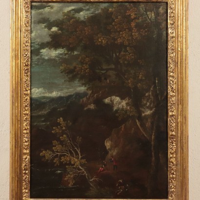 Landscape with Figure Oil on Canvas Center of Italy 17th Century