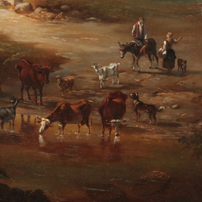 Landscape With Figures And Cattle Oil On Canvas 19th Century